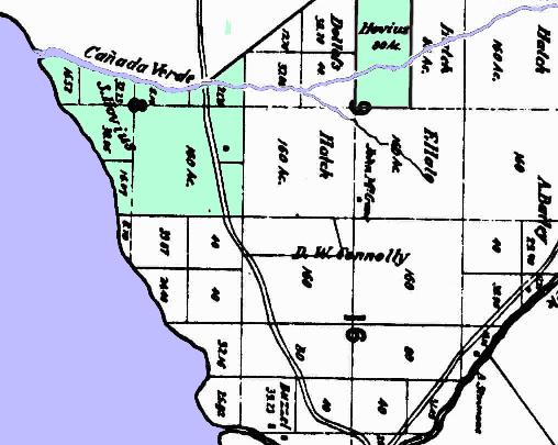 Silas Hovious' property, marked in green.
